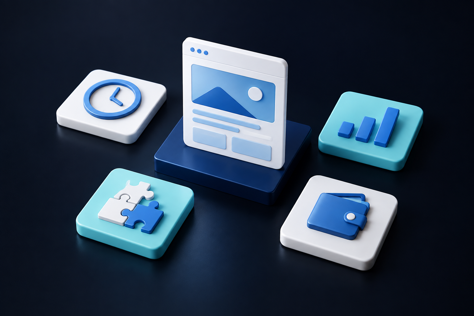 Arquitectura modular de una web empresarial con funciones conectadas y un punto de decisión central